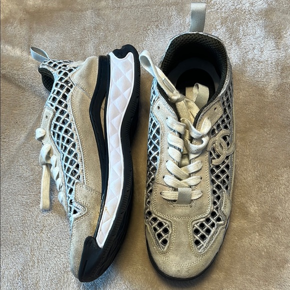 Chanel Beige and Black Mesh Sneakers